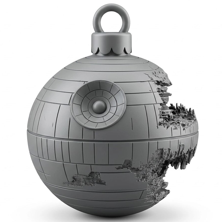Esfera decorativa de estación espacial con relieves de precisión y acabado gris ceniza en árbol de navidad.