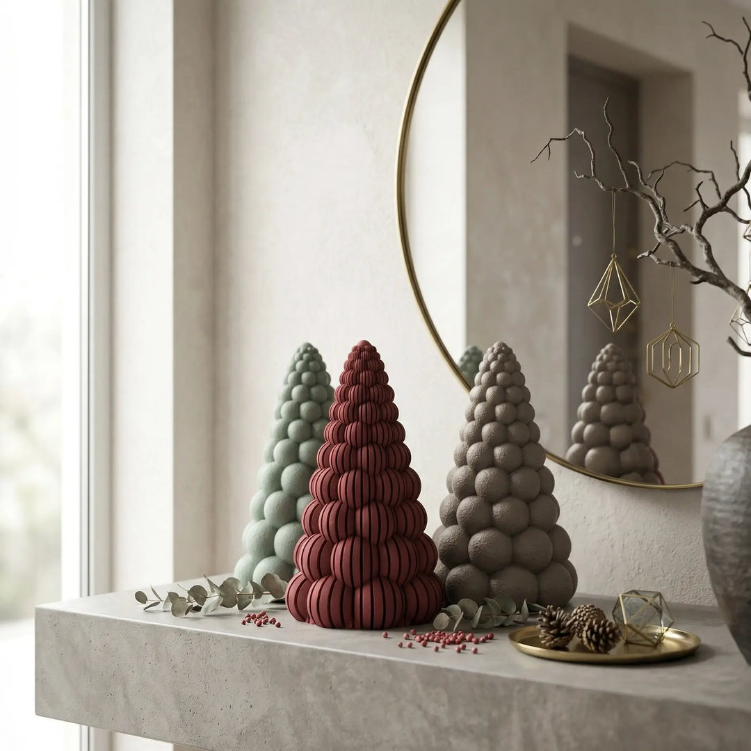 Árbol de Navidad geométrico con esferas en color rojo escarlata mate sobre consola minimalista contemporánea.