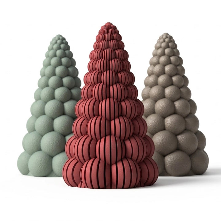 Detail van de bolvormige textuur en technische precisie van de Bubbels kerstboom in aard en saliegroen tinten.