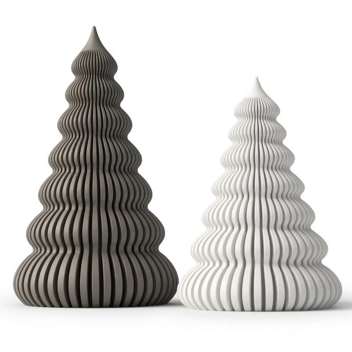 Detail van de geometrische precisie en verticale kanalen textuur van de hedendaagse matte design kerstboom.