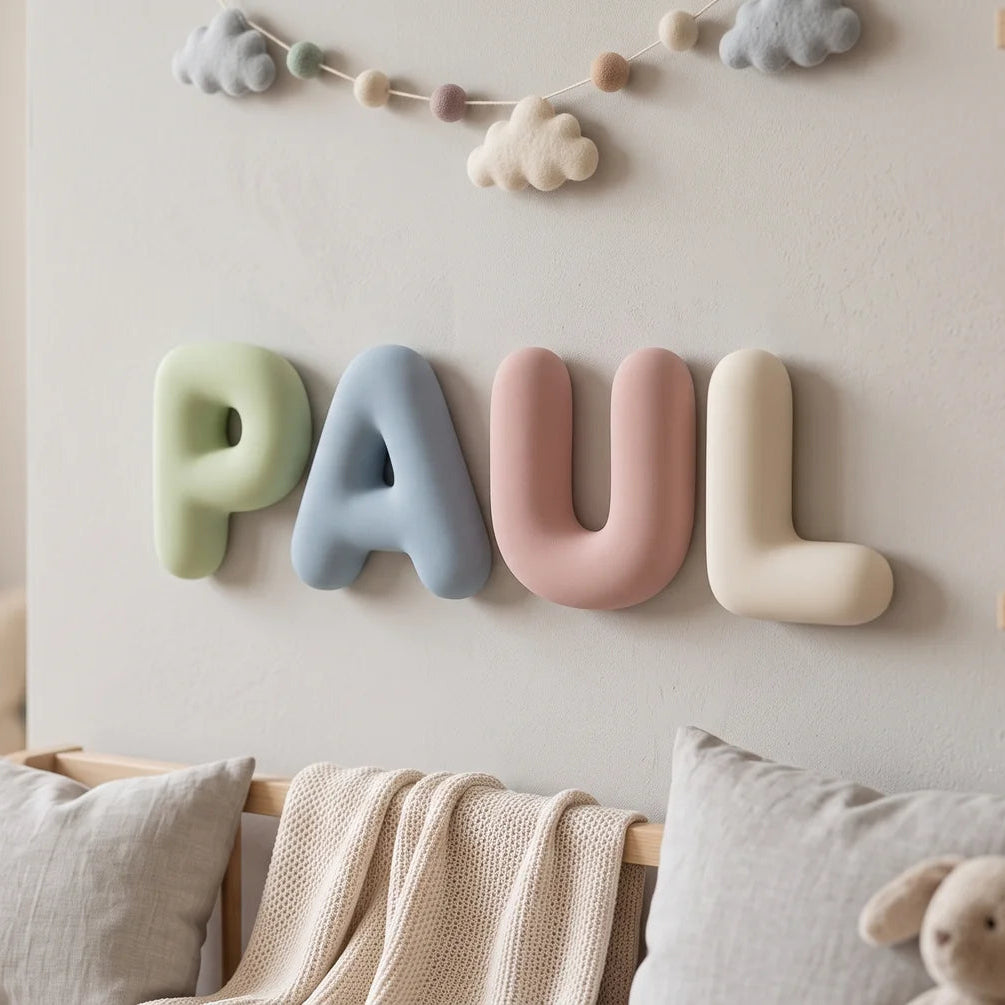 Letras decorativas personalizadas tipo burbuja en tonos pastel formando un nombre sobre la pared de una habitacion infantil