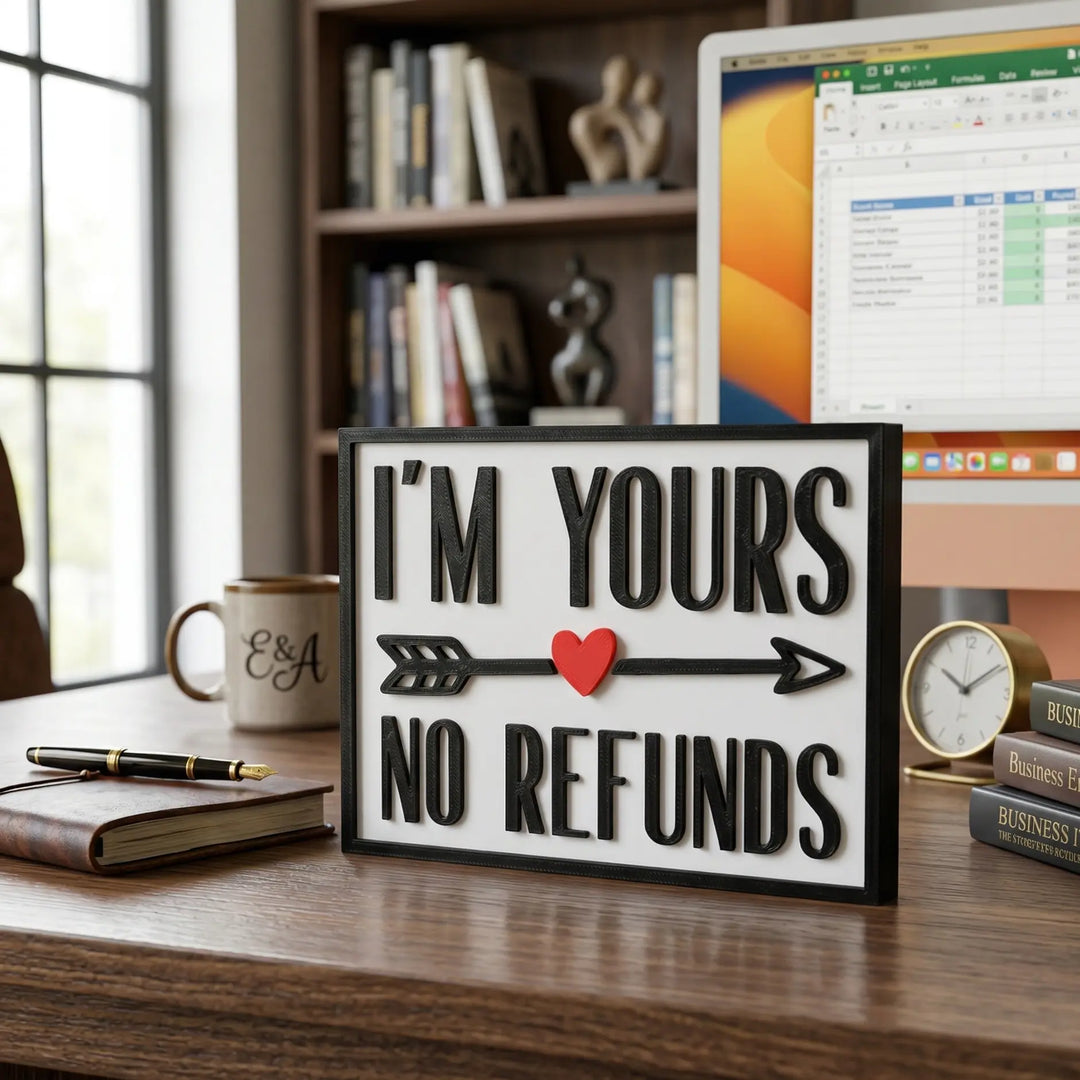 Cuadro tipográfico con mensaje "I'M YOURS NO REFUNDS" en letras negras sobre fondo blanco con corazón rojo central.