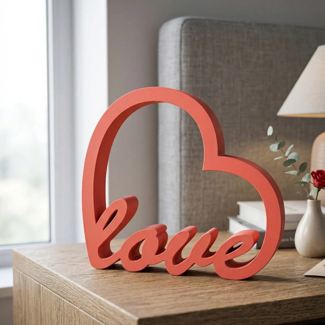 Objeto decorativo con la palabra Love integrada en una silueta de corazón de color rojo mate y diseño minimalista.