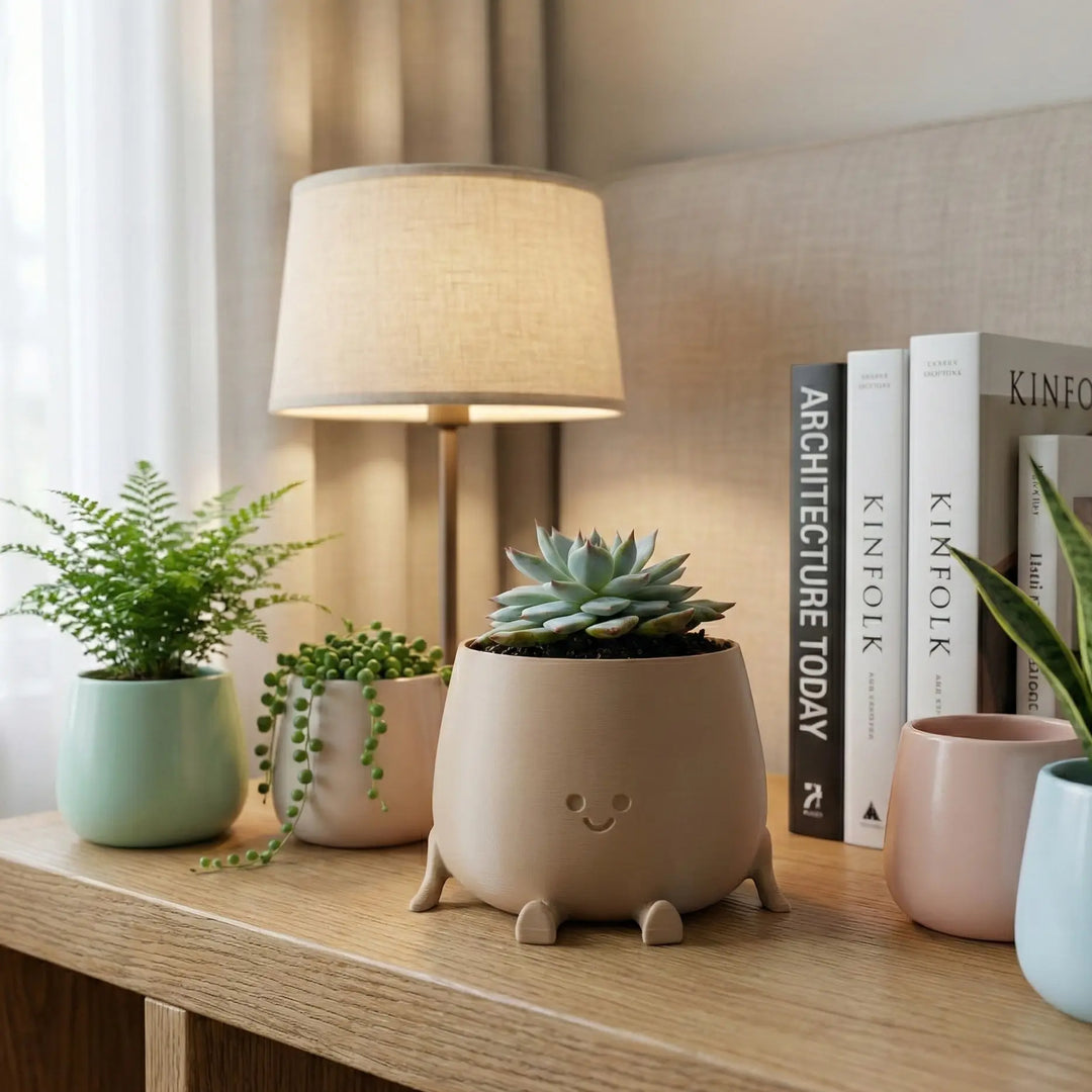 Macetero pequeño color beige con textura mate, patas y cara sonriente conteniendo una suculenta Echeveri