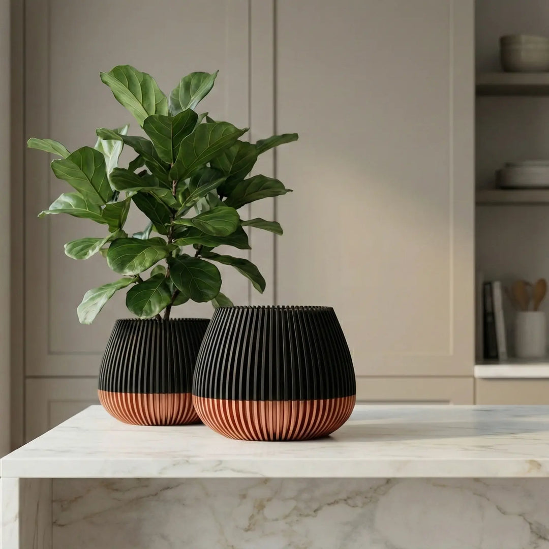 Dos maceteros estriados negros con base cobre sobre encimera de mármol con planta Ficus Lyrata en cocina moderna.