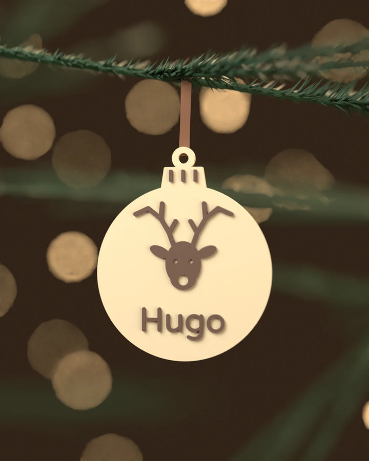 Bola de Navidad Reno con Nombre, adorno plano para el árbol
