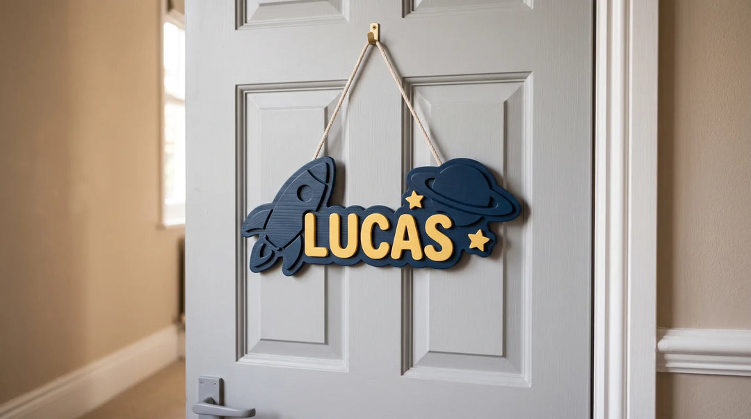 Naambordje voor de deur van een kinderkamer met raket en planeet en de naam Lucas