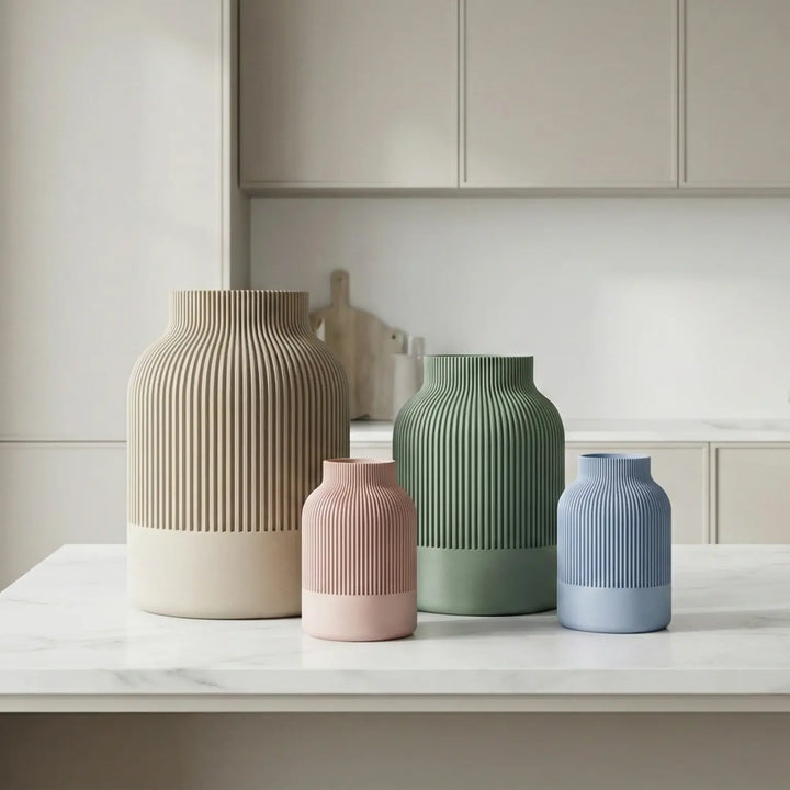 Trío de jarrones decorativos en tamaños grande, mediano y pequeño; colores crema, verde y azul sobre encimera de mármol.