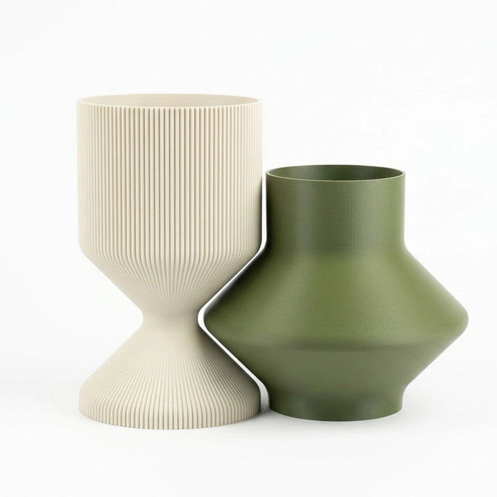 Detail of the precise geometric fit between high-density vases with a non-porous satin finish.