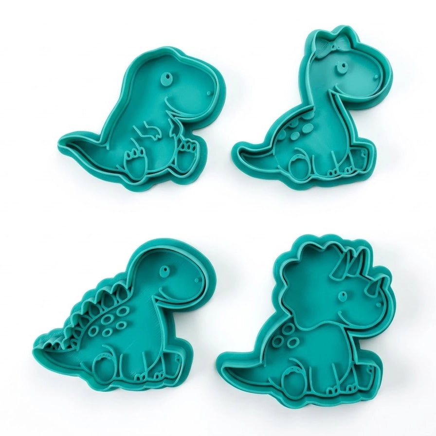Detailed view of the cranial relief and cutting bevel of a high-density polymer dinosaur cookie cutter.
