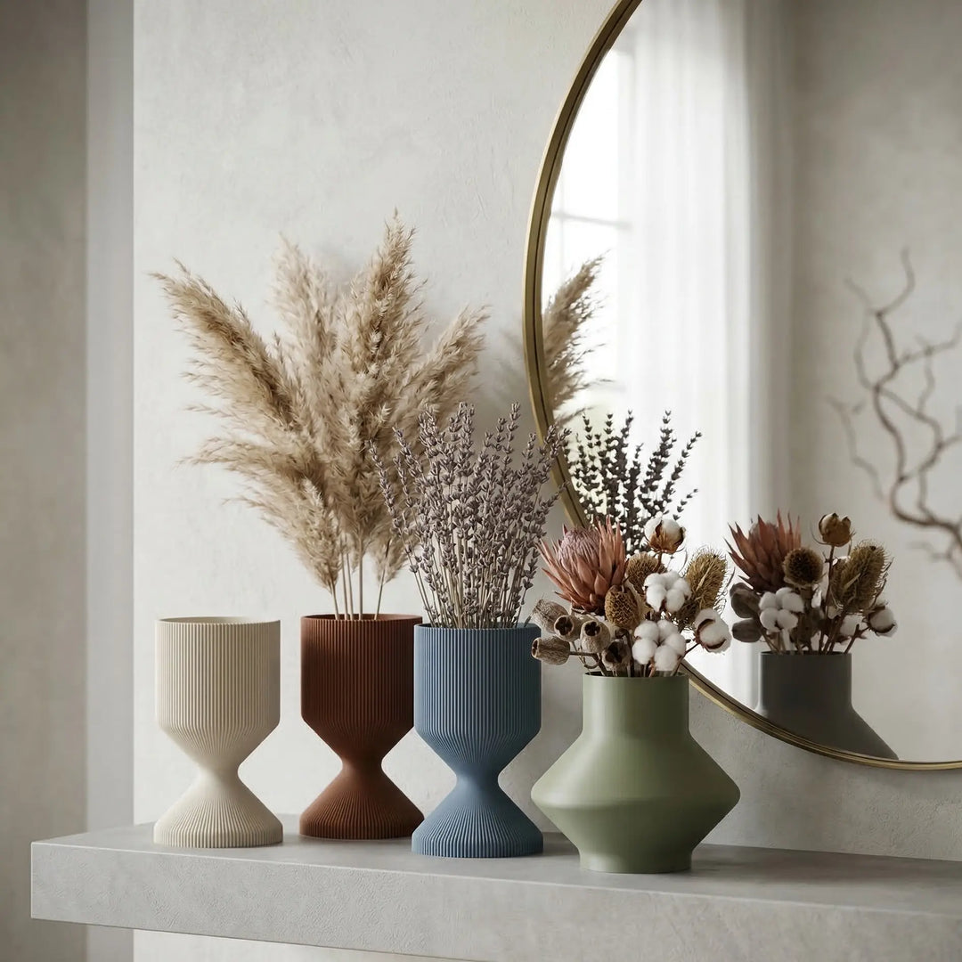 Duo of complementary sculptural vases in textured beige and smooth olive green on a designer white shelf.