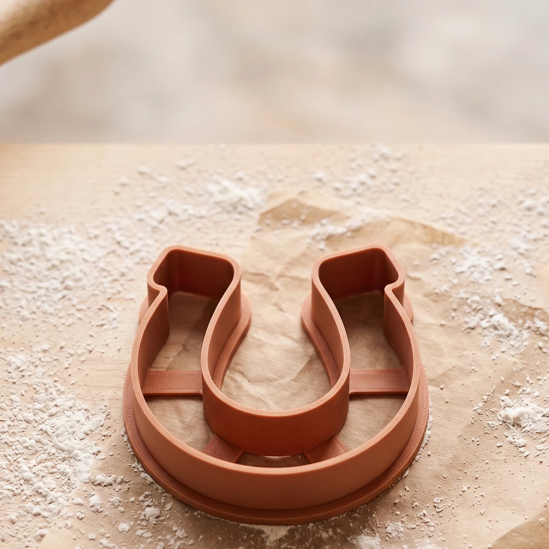 Cortador de galletas con forma de herradura en color terracota sobre papel de horno.
