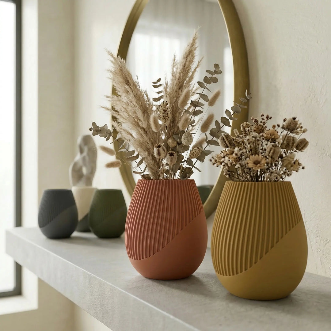 Dual-design vase with ochre fluted texture and satin matte finish in a minimalist living room setting.