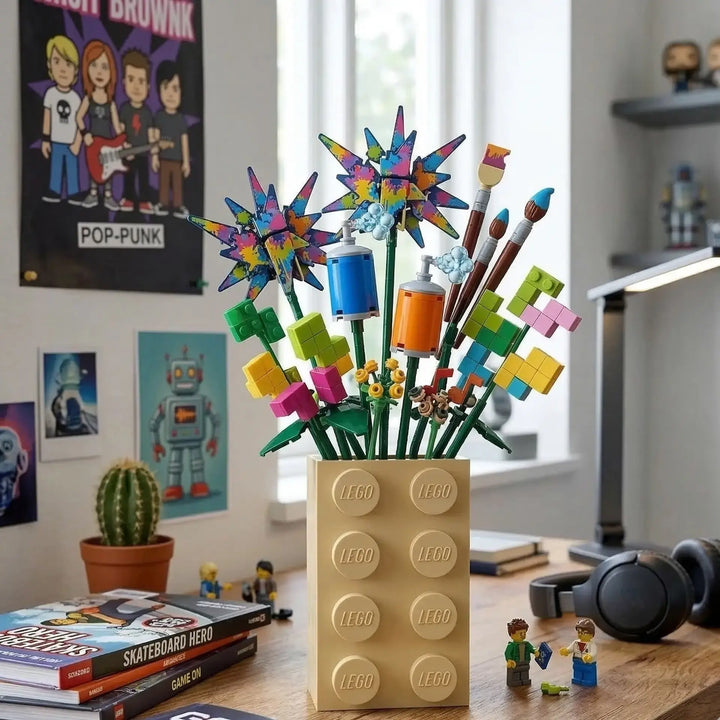 Jarra de design monolitíca brick 4x2 em cor creme com flores de design modular sobre secretária criativa.