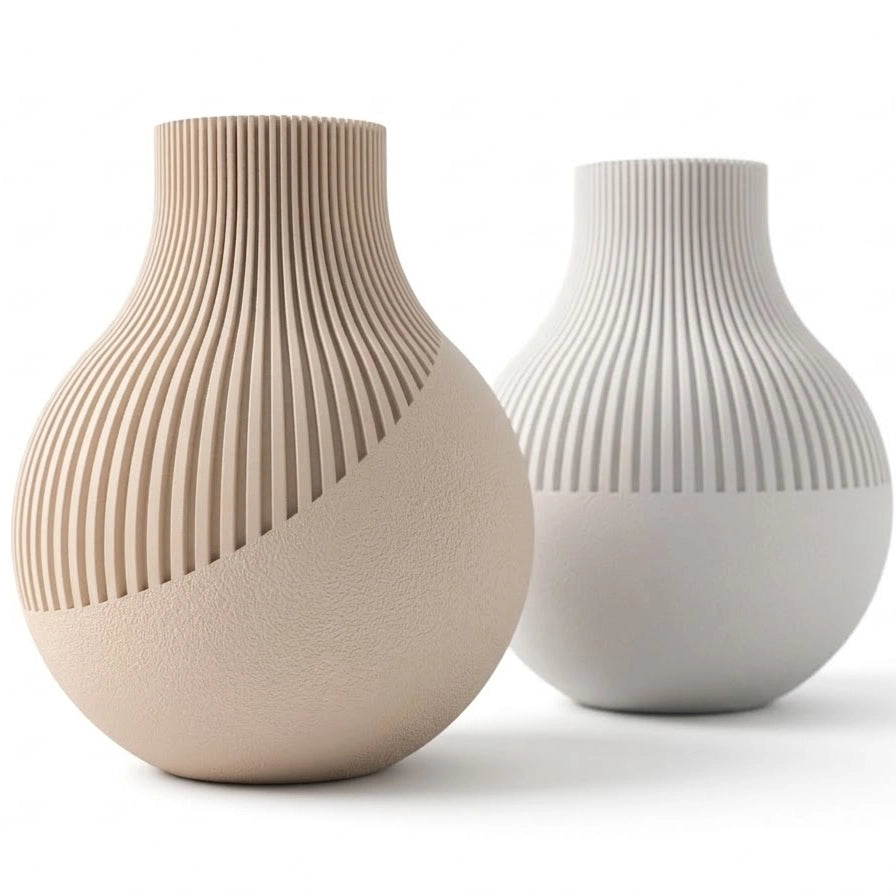 Detail of the non-porous matte finish and fluid geometric transition of an advanced manufacturing vase.