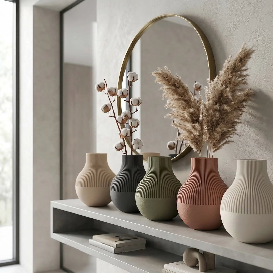 Sinuous beige designer bubble vase with a stacked silhouette for a bright, contemporary lounge space.