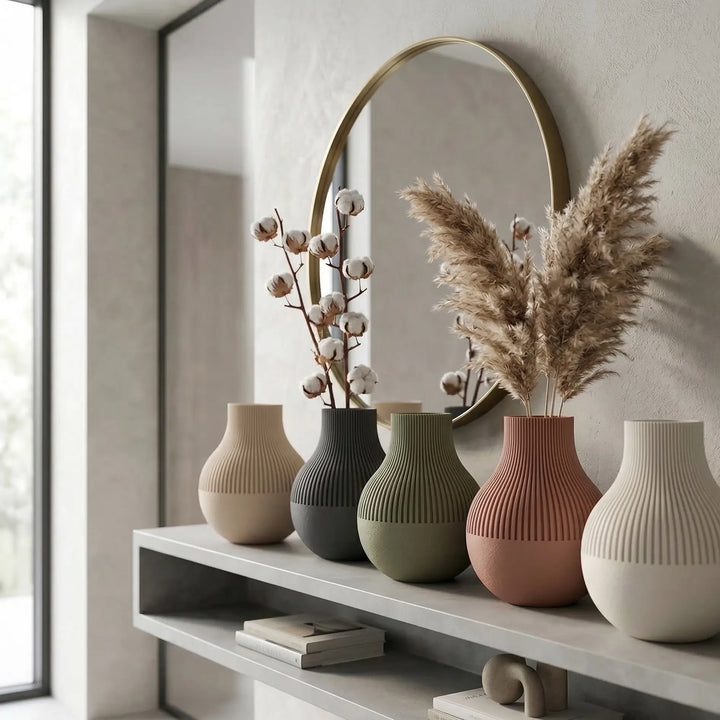 Sinuous beige designer bubble vase with a stacked silhouette for a bright, contemporary lounge space.