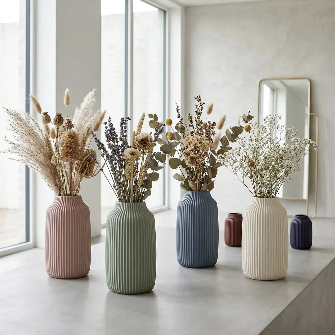 Close-up of the technical precision in the vertical grooves and matte surface finish of an exclusive designer vase.