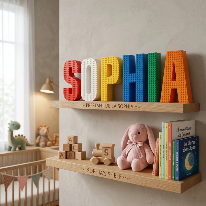 Modulaire typografische compositie die namen vormt in gekleurd technisch polymeer voor premium kinderdecoratie.