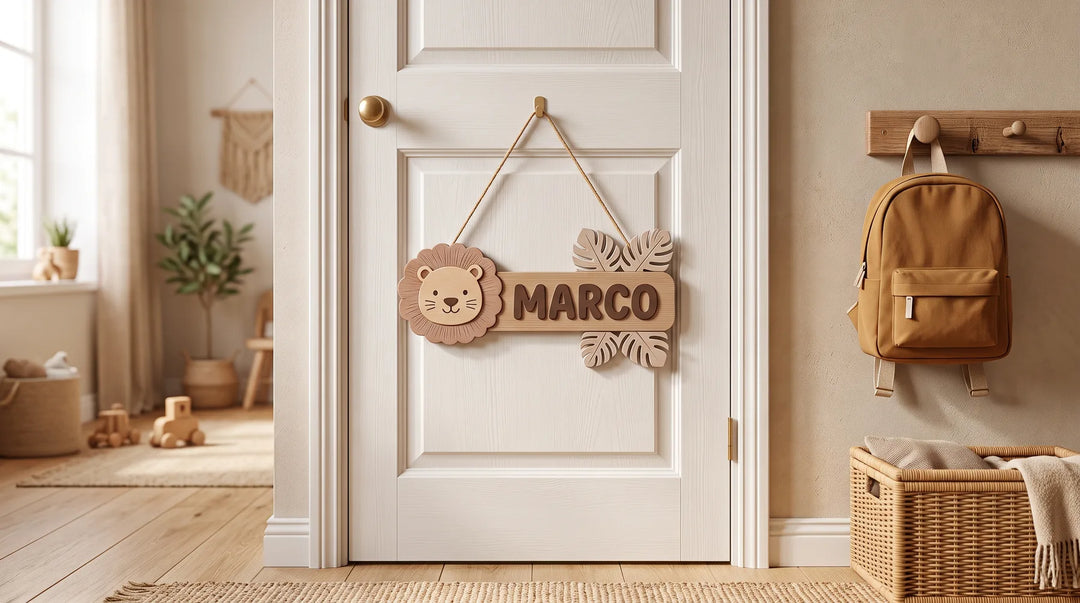 Naambordje voor de deur van een jongenskamer met leeuw en de naam Marco
