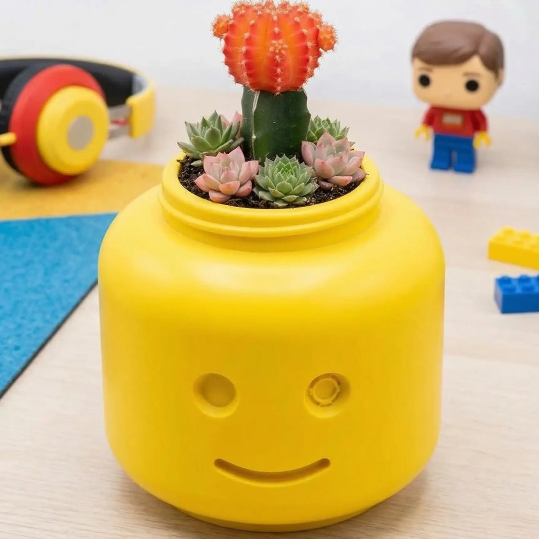 Maceta iconográfica fabricada mediante manufactura aditiva en polímero técnico amarillo con suculentas de interior.
