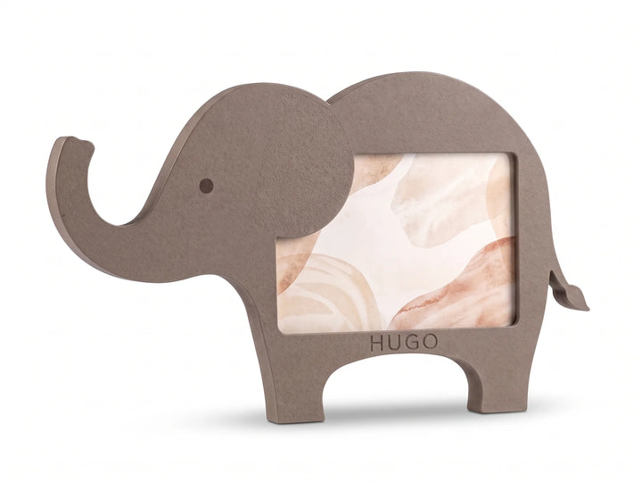Marco de fotos de elefante en tono topo con el nombre Hugo grabado bajo la foto