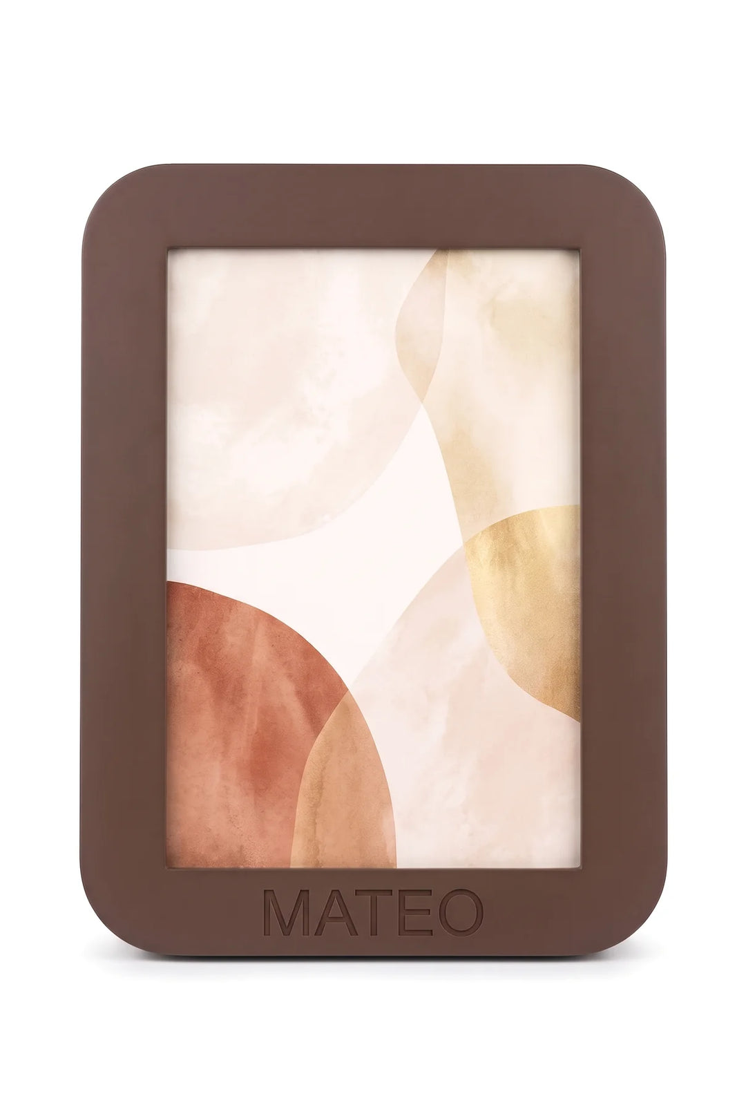 Marco de fotos personalizado de esquinas redondeadas con el nombre Mateo grabado, vista frontal