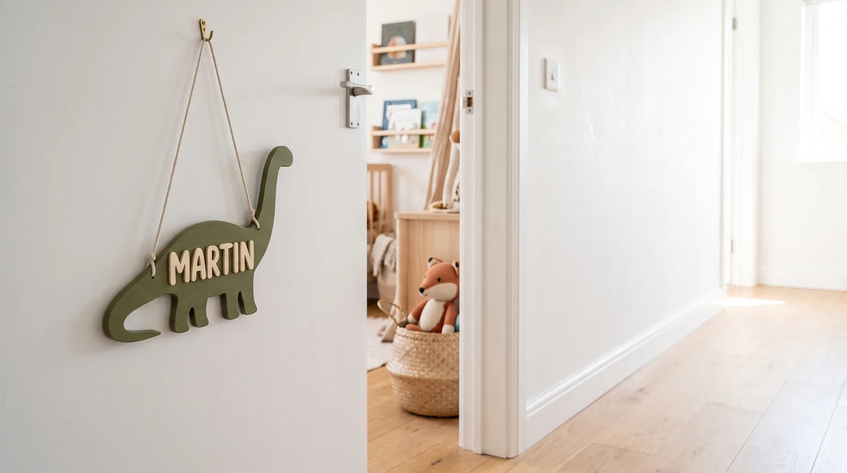 Naam voor de deur van een kinderkamer: deurbordje met een groene dinosaurus en de naam Martin naast de deur
