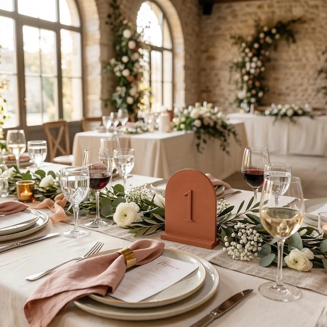 Número de mesa para boda en forma de arco color terracota con relieve sobre mesa de banquete decorada.