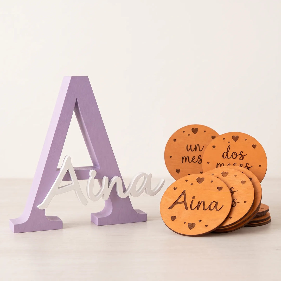 Pack Bienvenida bebé: letra con nombre y cumplemés