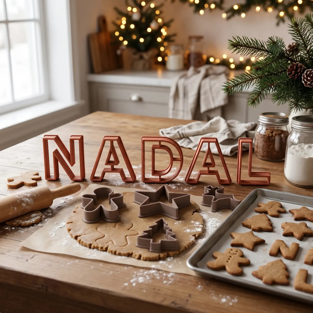 Cortadores de galletas navideños y de letras en la cocina