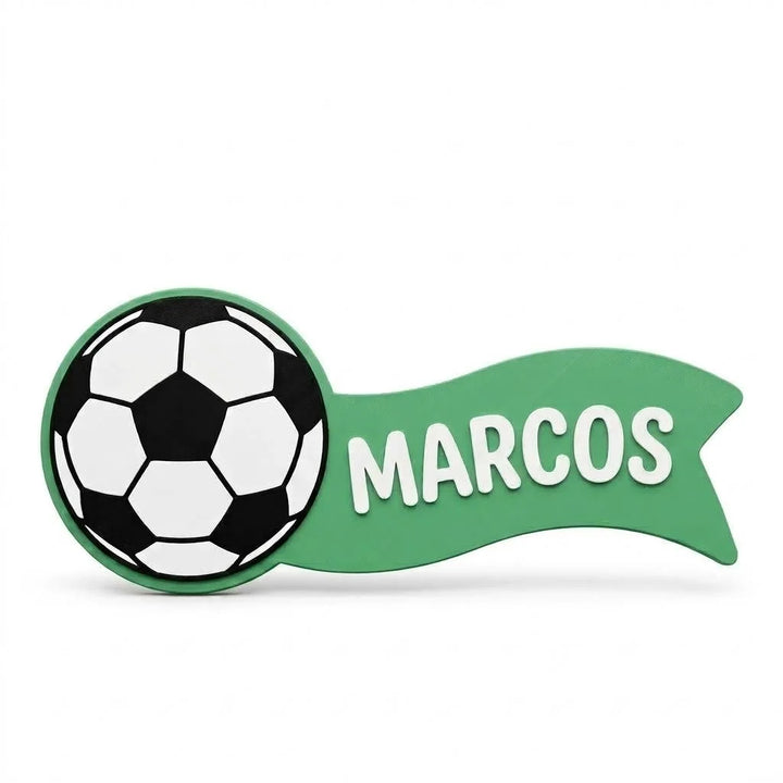 Placa con nombre para puerta infantil Balón con cinta con el nombre Marcos en relieve