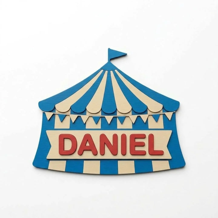 Placa de puerta infantil Carpa de circo con el nombre Daniel, fijada con adhesivo por detrás