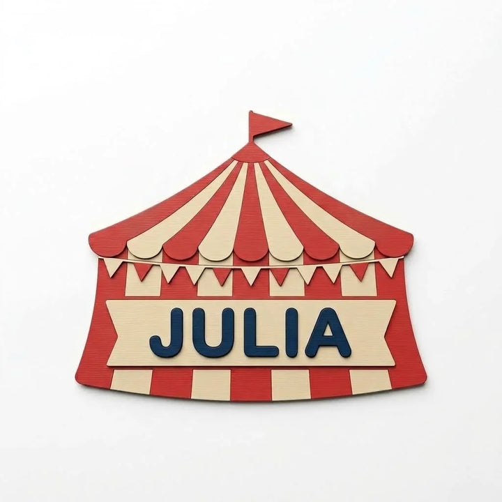Placa con nombre para puerta infantil Carpa de circo con el nombre Julia en relieve