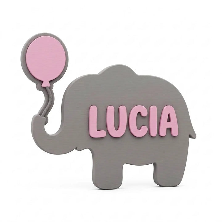 Placa con nombre para puerta infantil Elefante con globo con el nombre Lucia en relieve