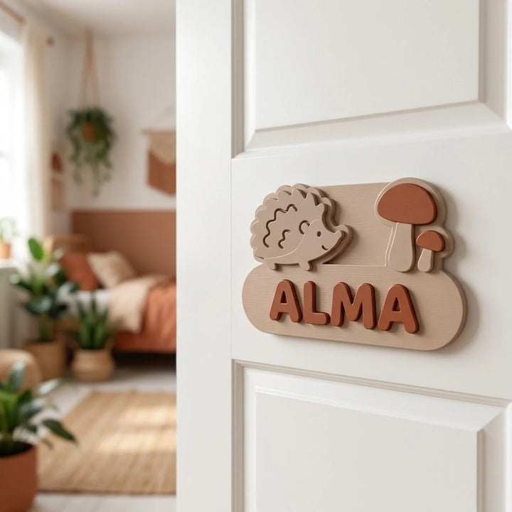 Placa con nombre para puerta infantil Erizo y setas con el nombre Alma pegada en la puerta de la habitación
