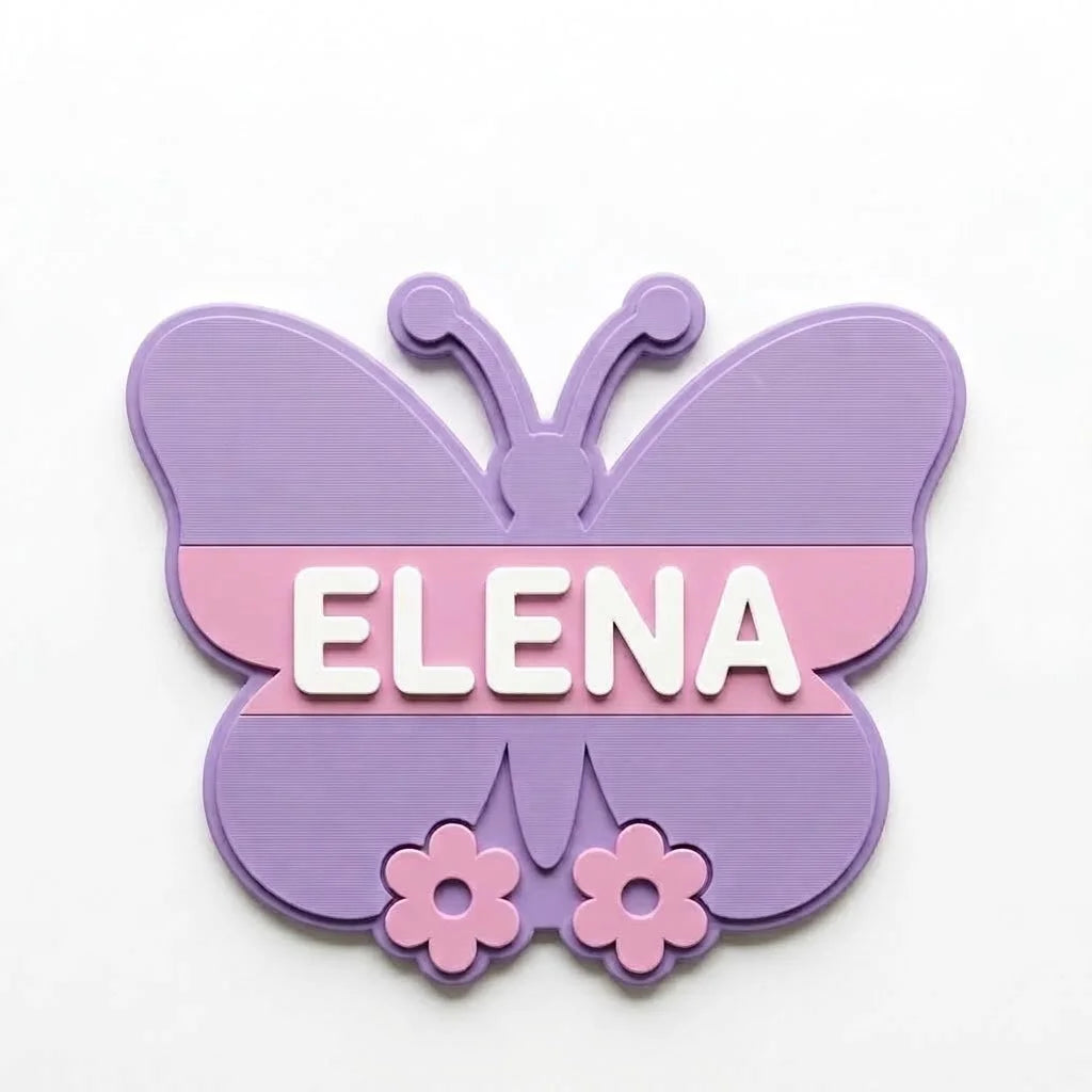 Placa con nombre para puerta infantil Mariposa y flores con el nombre Elena en relieve