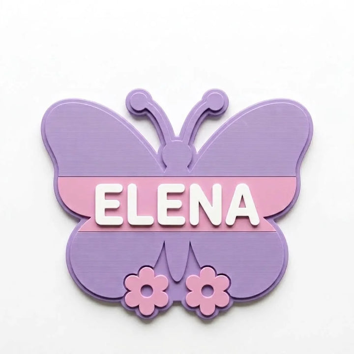 Placa con nombre para puerta infantil Mariposa y flores con el nombre Elena en relieve