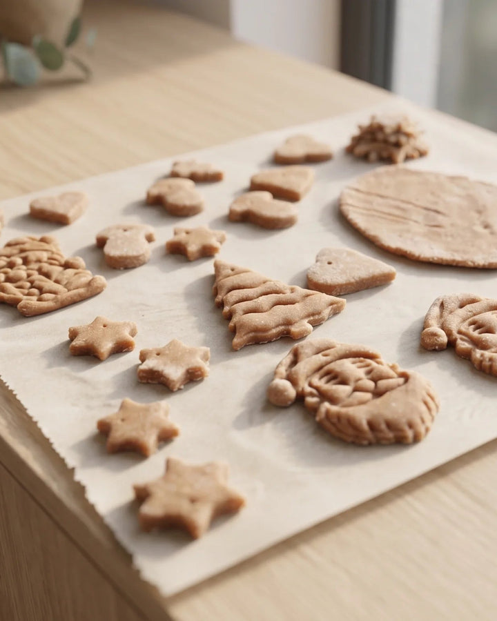 Freshly cut Christmas cookies in tree, star and Santa Claus shapes on baking paper.