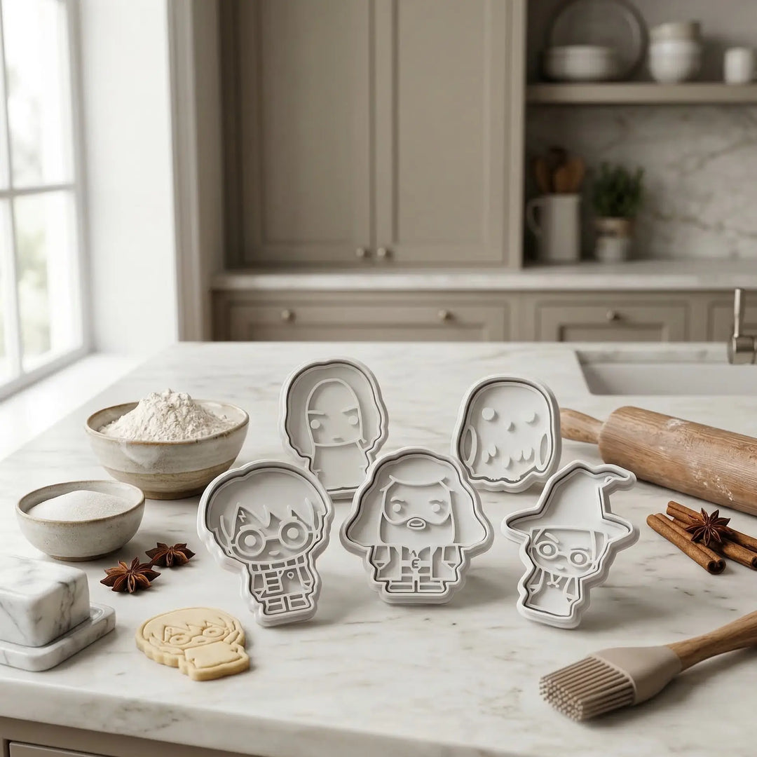 Set de cinco troqueles de diseño para galletas inspirados en el mundo mágico sobre encimera de cocina profesional.