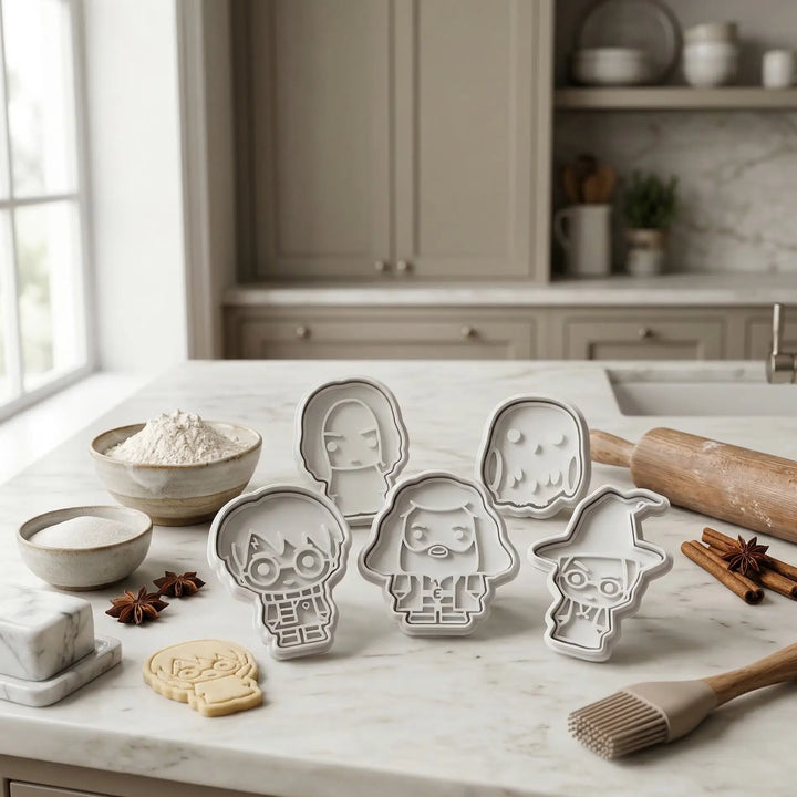 Set of five design biscuit cutters inspired by the magical world on a professional kitchen worktop.