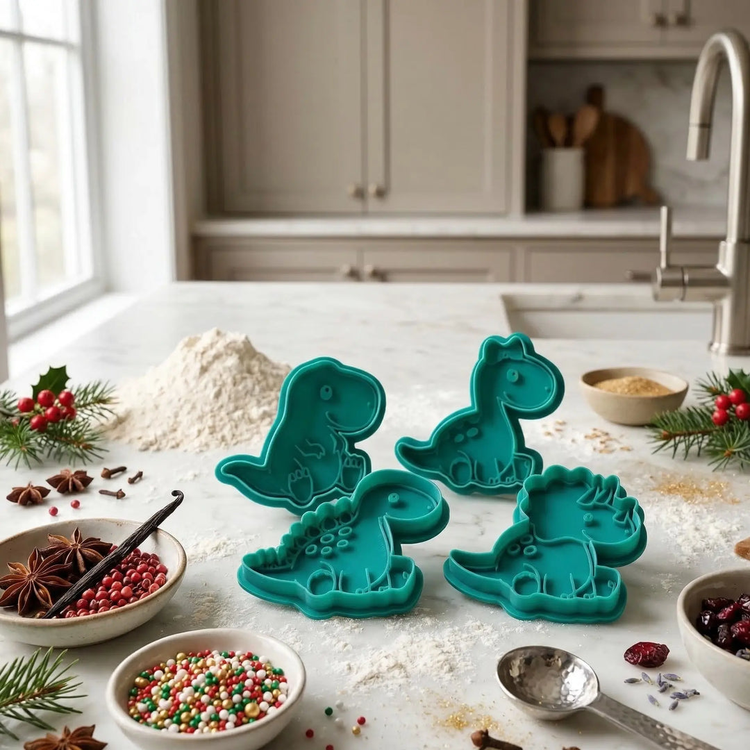 Set de cuatro troqueles de dinosaurios en polímero técnico teal sobre encimera de mármol con ingredientes de repostería de lujo.