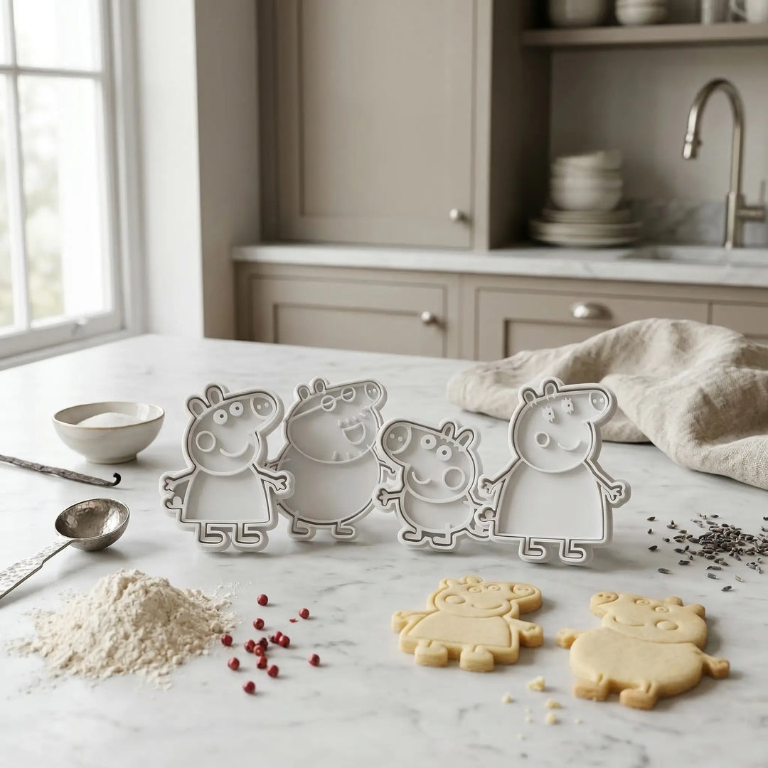 Set de cuatro troqueles gastronómicos de precisión sobre encimera de mármol con galletas de masa quebrada recién cortadas.