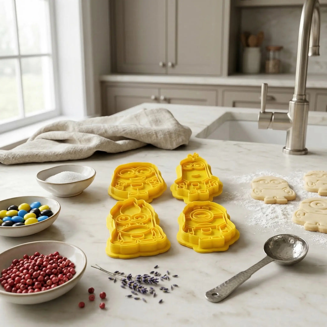 Set de cuatro troqueles gastronómicos de Minions en amarillo vibrante sobre encimera de cocina con masas de galleta terminadas.