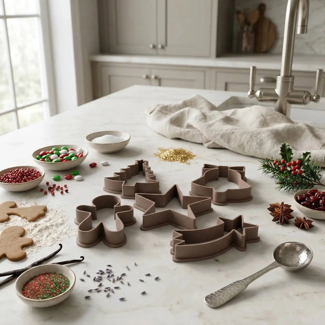 Set de 5 troqueles gastronómicos navideños en color cocoa sobre encimera de mármol con galletas de jengibre y especias.