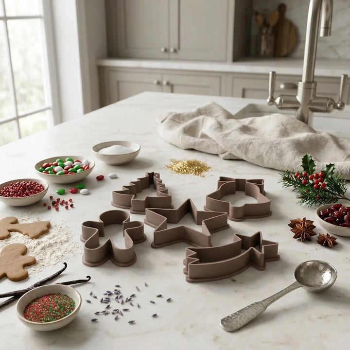 Ensemble de 5 emporte-pièces de Noël gastronomiques couleur cacao sur un plan de travail en marbre avec des biscuits au gingembre et des épices.
