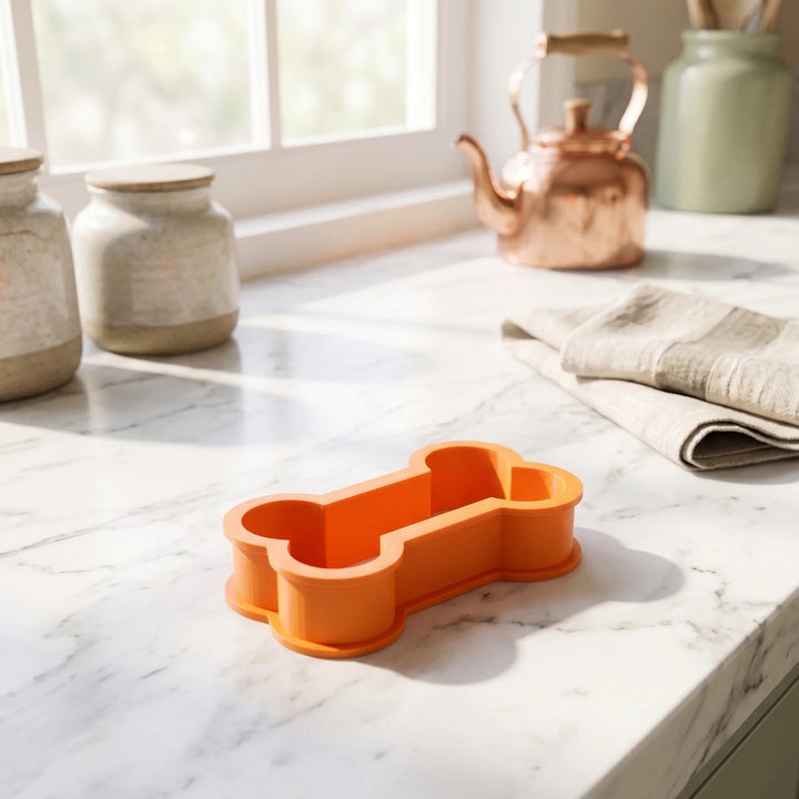 Dog bone-shaped cookie cutter in orange on a kitchen countertop.