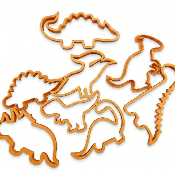 Dinosaur cookie cutters, set of eight silhouettes.