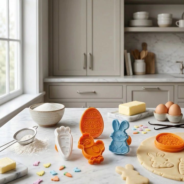 Ensemble de quatre emporte-pièces design pour Pâques en blanc, orange et bleu sur un plan de travail de cuisine avec de la pâte fraîche.